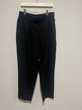 Womens Pleated Black Drawstring Tapered Pants